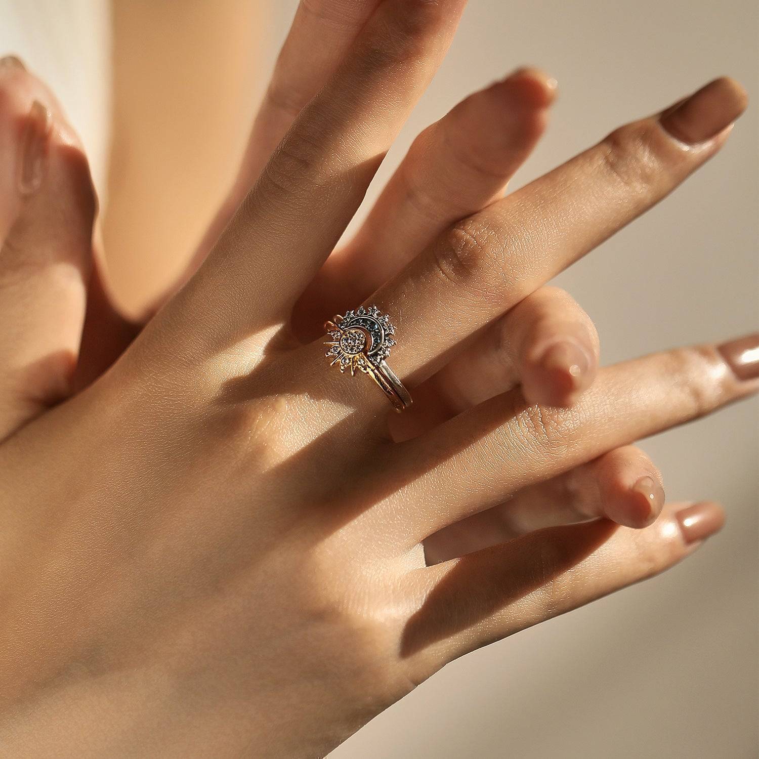 Sun Moon CZ Two Tone Silver Ring Set - Image 4