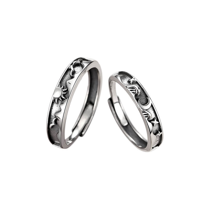 Carved Sun and Moon Star Matching Rings