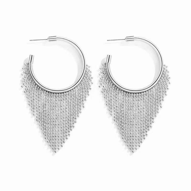 Circle Tassel Triangle Hoop Earrings - Silver or Black - Image 2