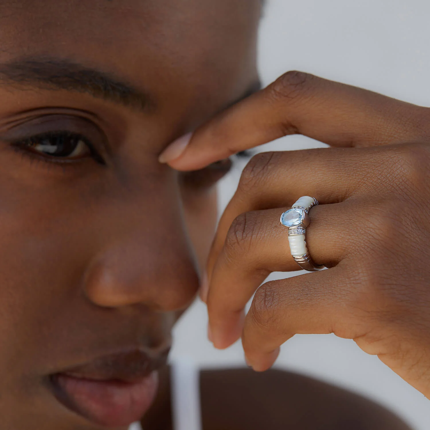 Oval Blue Topaz & Mother of Pearl Ring - Silver or Gold - Image 4