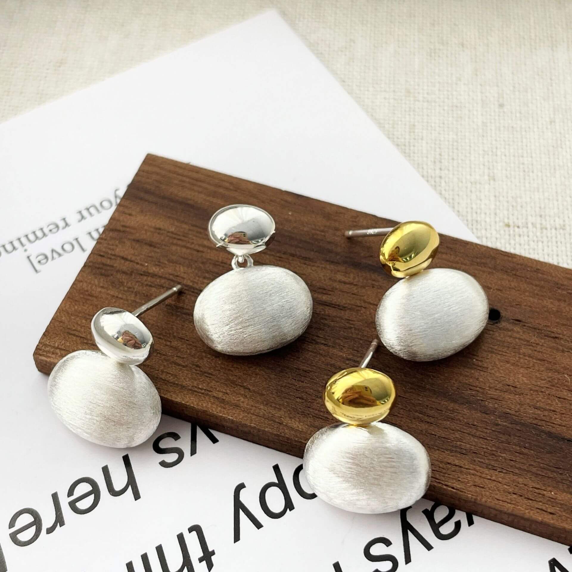 Oval Two Tone Brushed Stud Earrings - Silver or Gold - Image 2